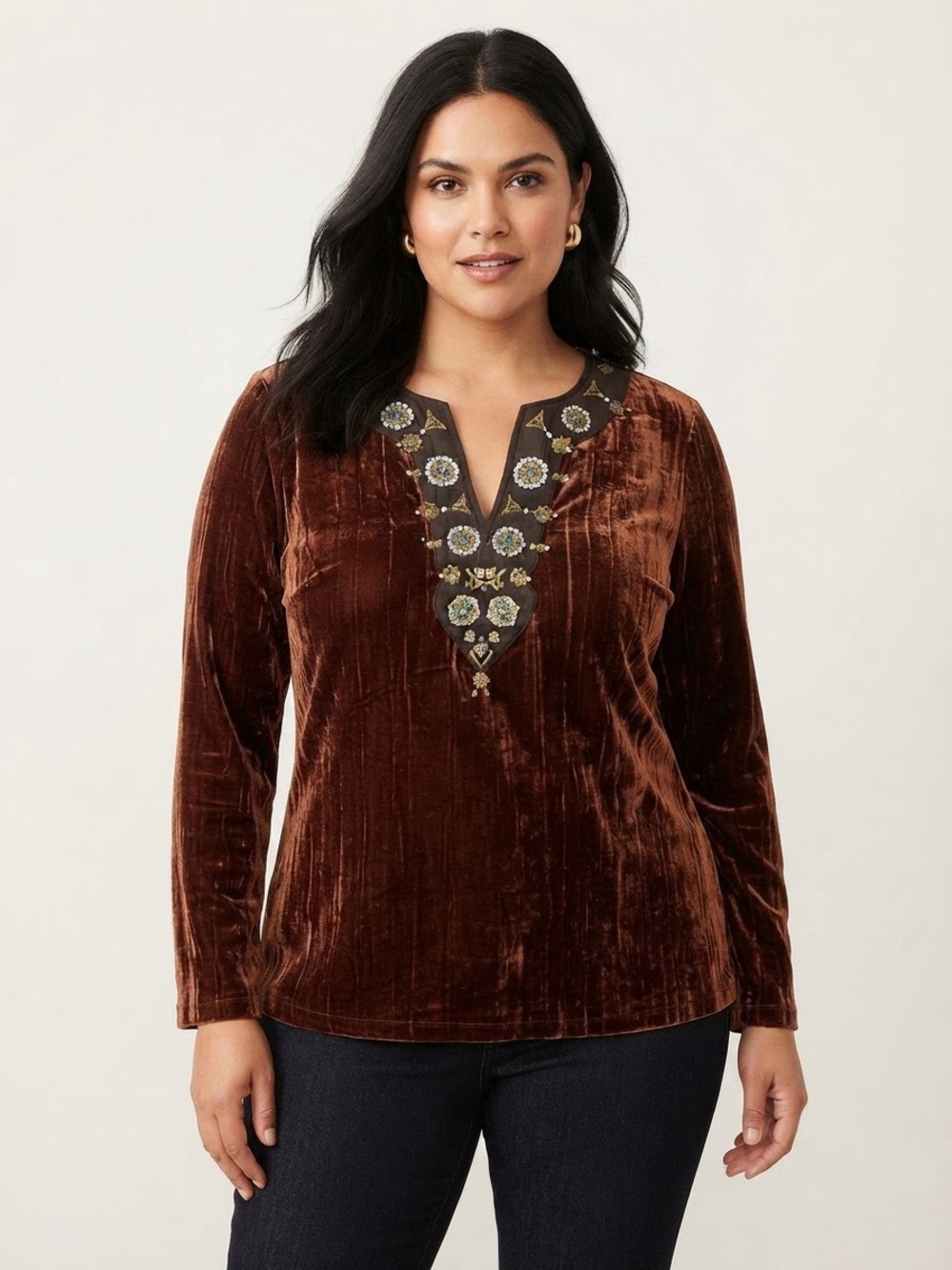 Venezia Plus Velvet Tunic Top 14/16 Brown Beaded V-Neck Embellished Blouse